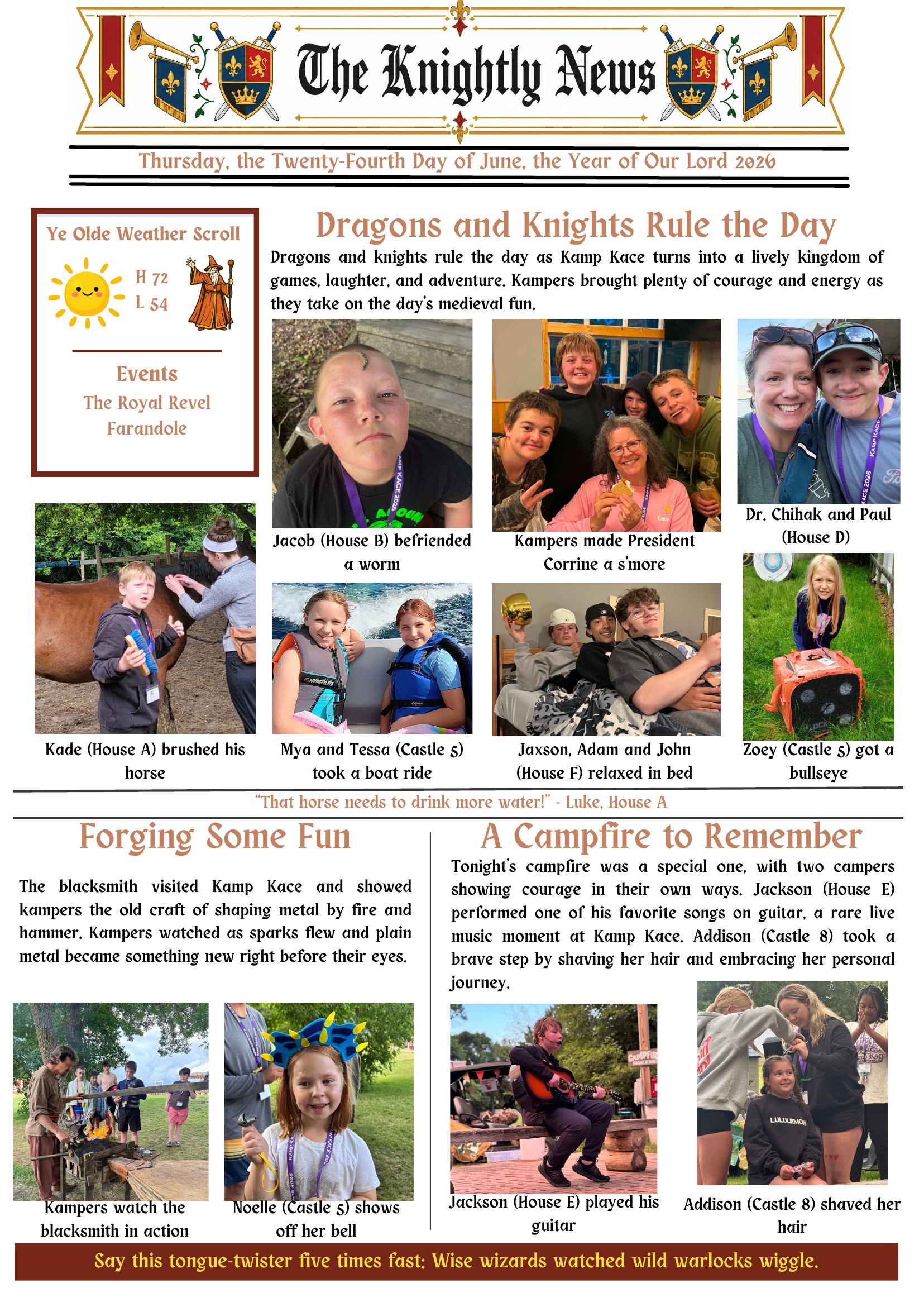 Kamp KACE Summer Newspaper – Thursday, Page 1
