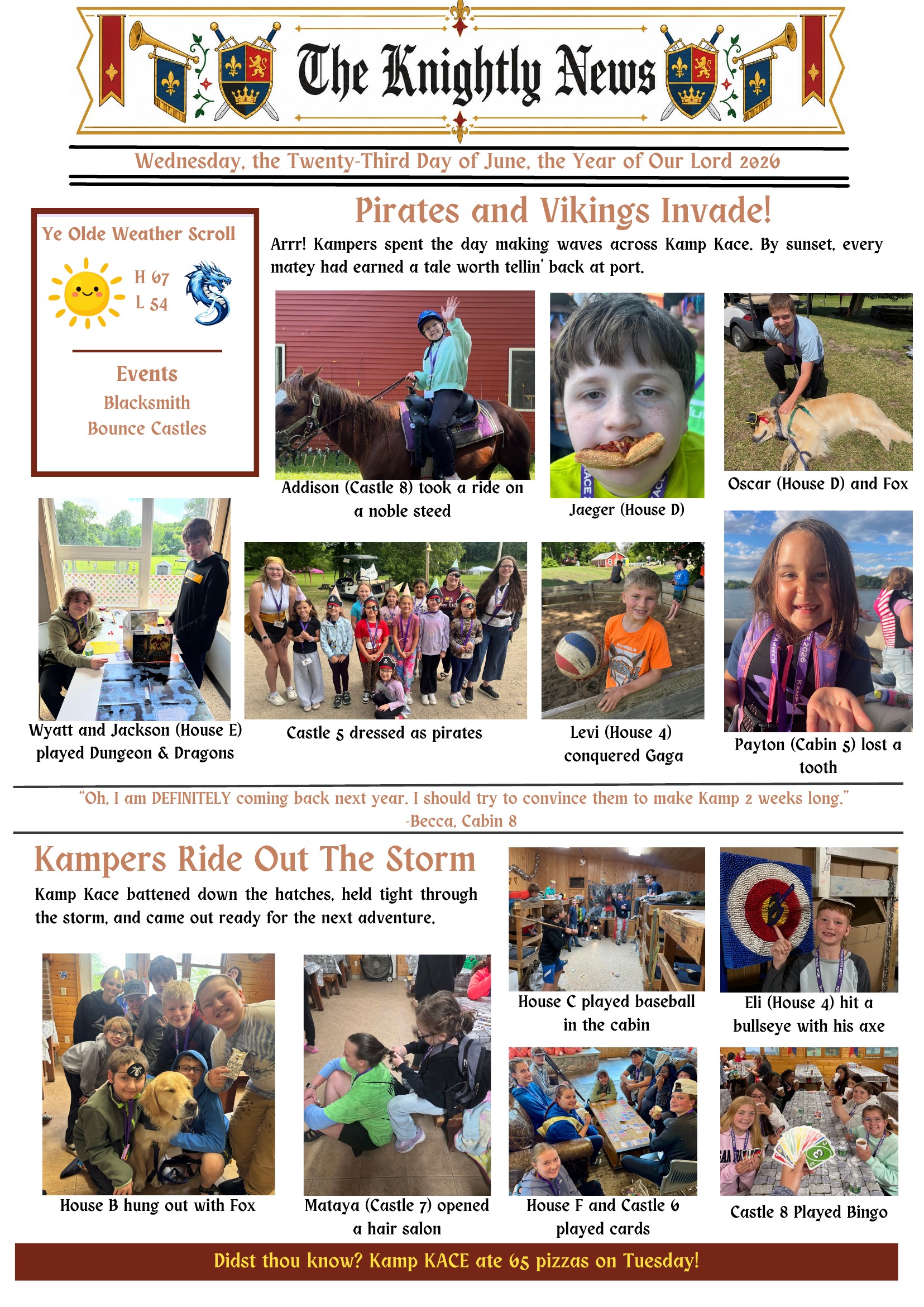 Kamp KACE Summer Newspaper – Wednesday, Page 1